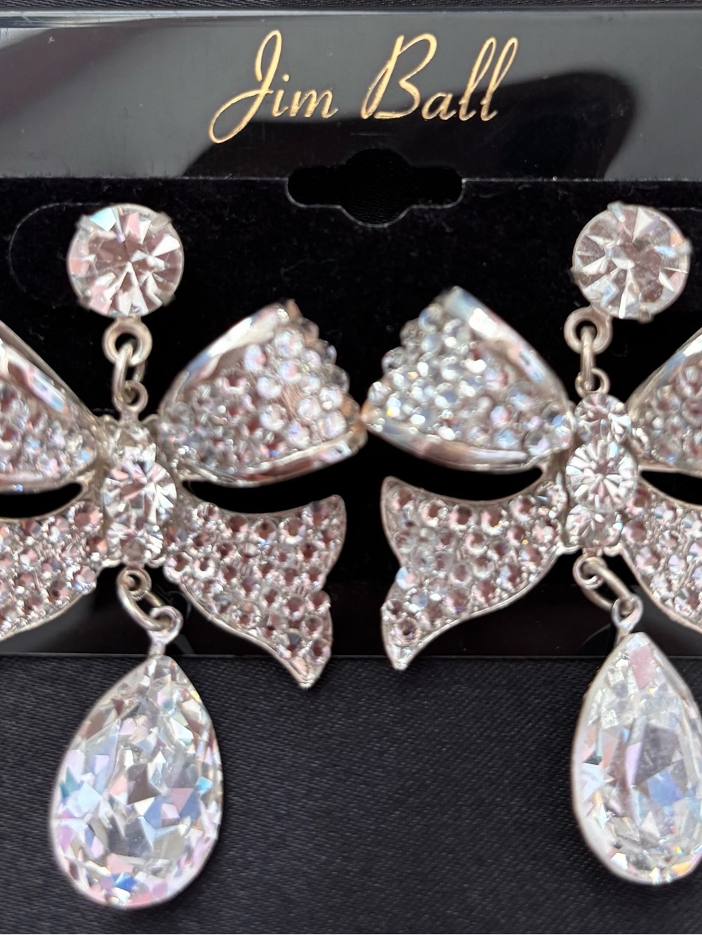 Jim Ball Silver Crystal Bow Drop Earrings in Clear